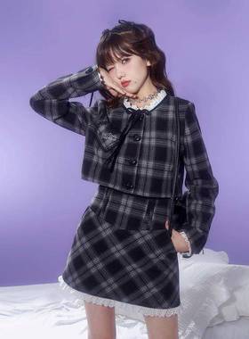 SagiDolls少女斗志 财阀千金小香风黑白格甜美乖巧秋冬套装保暖春