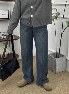 覆古蓝阔腿牛仔裤女秋冬加绒大尺码胖mm高腰宽松显瘦直筒休闲 长