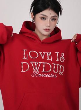 INGA美式复古小众设计感珍珠红色卫衣女春秋潮本命年上衣情侣外套