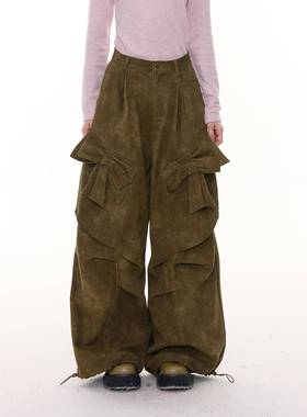 ziziFei秋冬季美式覆古设计感蝴蝶结高腰显瘦做旧棕色休闲长裤女