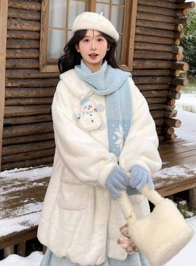 森女部落甜美风雪人设计感毛绒卫衣女新款撞色中长款保暖外套冬季