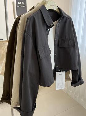 韩版bf中性风翻领工装外套女宽松短款百搭夹克上衣2024春季新款潮