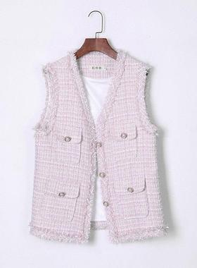 bonaiwei粗花呢小香风粉色马甲外套女2025早春减龄淑女上衣马夹秋