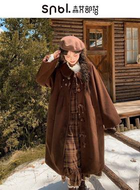 森女部落覆古美拉德毛呢外套女2025新款宽松百搭娃娃领长款大衣秋