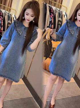 韩版牛仔连衣裙女2024春夏新款重工钉珠娃娃领减龄遮肉高档a字裙