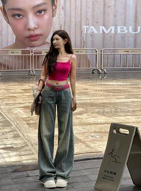 丽丽服装懒人风格条纹阔腿牛仔裤2025年夏季新款低腰宽松褶皱牛仔