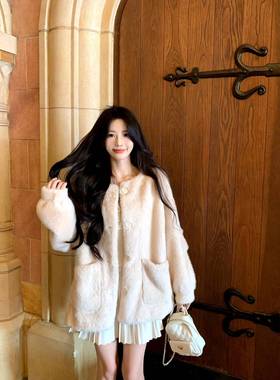 一颗甜桃yikett《樱花粉冬》秋冬长袖短款防水貂毛外套女毛毛大衣