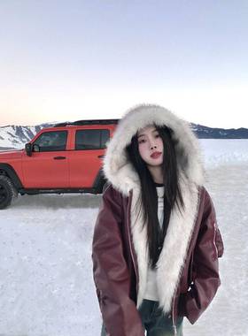 Joeyoo李乔优 勃艮第假日 红色皮衣女装冬季毛领连帽棉服夹棉外套