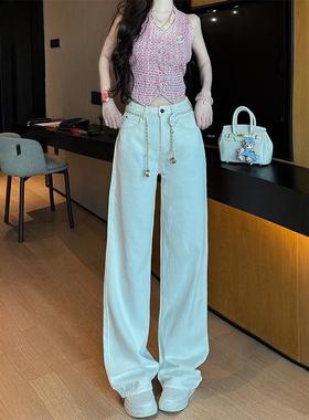 李李服饰小香风白色阔腿牛仔裤女25夏款菱形格纹宽松山茶花炼条裤