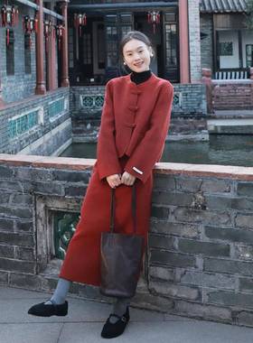 新年战袍订婚礼服红色毛呢套装女秋冬新中式外套高腰半身裙两件套
