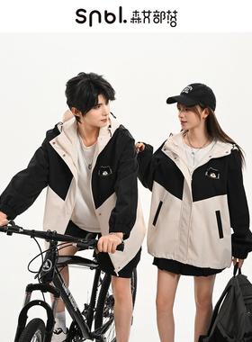 森女部落学院风猫咪刺绣情侣装拼色宽松风衣外套女连帽上衣新款秋