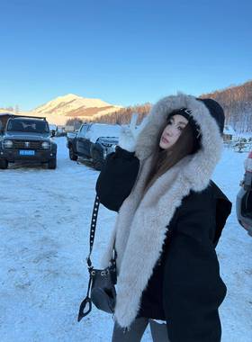 Xinlei Lin “绒绒暖意”拼毛水洗工装连帽夹克棉服外套女秋冬