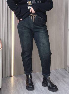 冬装加绒哈伦牛仔裤女2024春秋冬季新款大码宽松显瘦休闲萝卜裤子