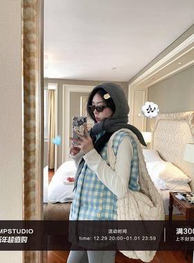 草莓跳复古减龄蓝色格子立领马甲背心女冬季宽松保暖加厚棉服外套
