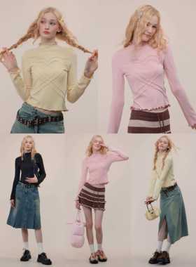 ziziFei秋冬美式复古爱心长袖T恤上衣小高领修身显瘦针织打底衫女