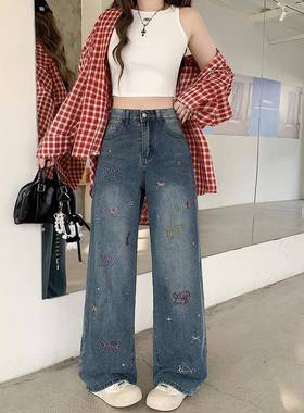 麋鹿少女2025秋装新款胖mm大码显瘦百搭小狗刺绣阔腿牛仔裤
