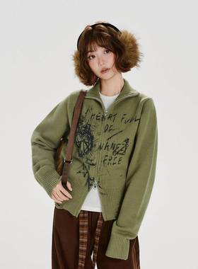 Girlyhalo美式复古辣妹印花毛衣开衫女秋冬新款短款针织衫外套