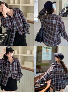 森女部落港风甜酷个性宽松长袖格子衬衫上衣女2025新款百搭外套秋