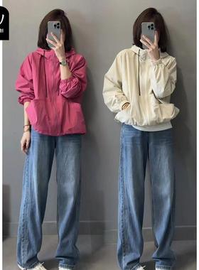 设计感抽绳撞色连帽冲锋衣外套女新款宽松显瘦时尚减龄休闲 上衣