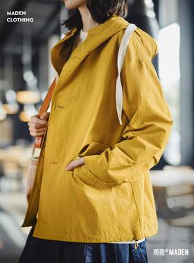 马登姜黄色户外薄款宽松梭织连帽抽绳防风工装夹克休闲外套女士秋