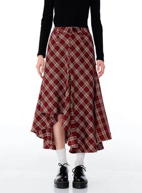 ziziFei秋冬新款美式复古高腰显瘦中长款不规则红色格子半身裙女