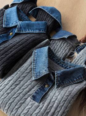 时髦不费力 叠搭假两件牛仔拼接翻领宽松绞花羊毛针织衫毛衣女