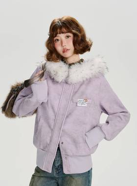 Girlyhalo美式覆古毛领连帽外套女秋冬季新款设计感修身开衫卫衣