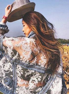 2025夏季新款手工破洞立体花朵刺绣蕾丝拼接宽松短牛仔女防晒外套