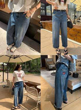 NAZ那子大码 高支高密刺绣全棉牛仔裤胖mm复古高腰重工秋季直筒裤