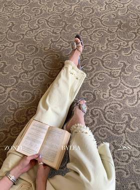 ZONEE/LEA宋亦雯 贝壳沙滩 重工手工钉珠！浅卡其阔腿直筒牛仔裤