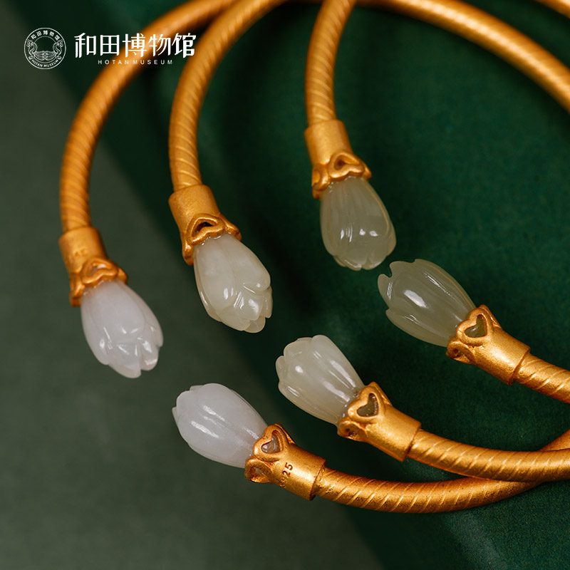 和田博物馆文创和田碧玉古法金兰花手镯开口中国风送女生生日礼物