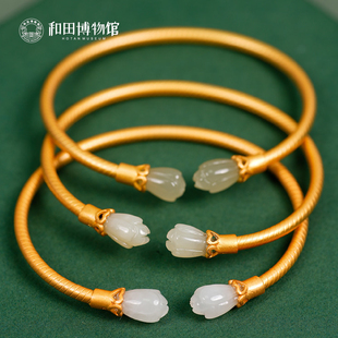 和田博物馆文创和田碧玉古法金兰花手镯开口中国风送女生生日礼物