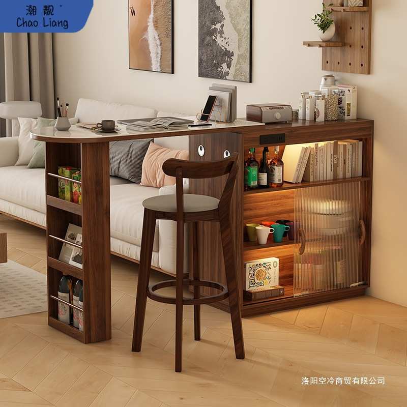 日式岩板纹吧台桌可伸缩隔断小户型家用多功能客厅储物柜岛台组装