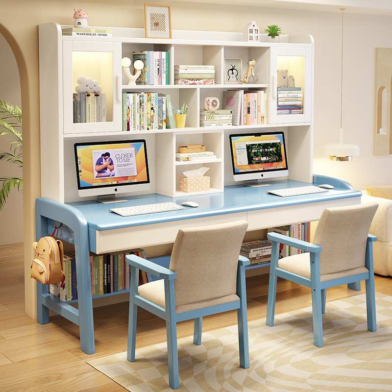 双人写字桌一儿一女实木书桌办公桌家用简约书架卧室书桌带书柜