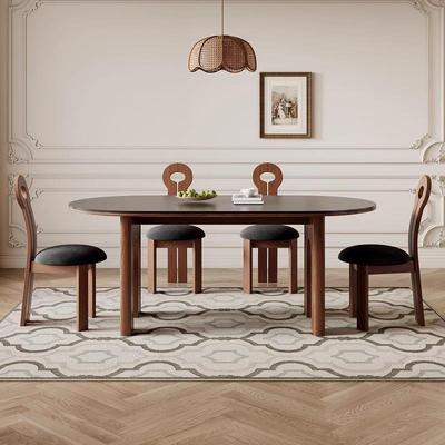 法式中古风餐桌椅组合复古小户型吃饭桌椭圆形岩板全实木餐桌新款