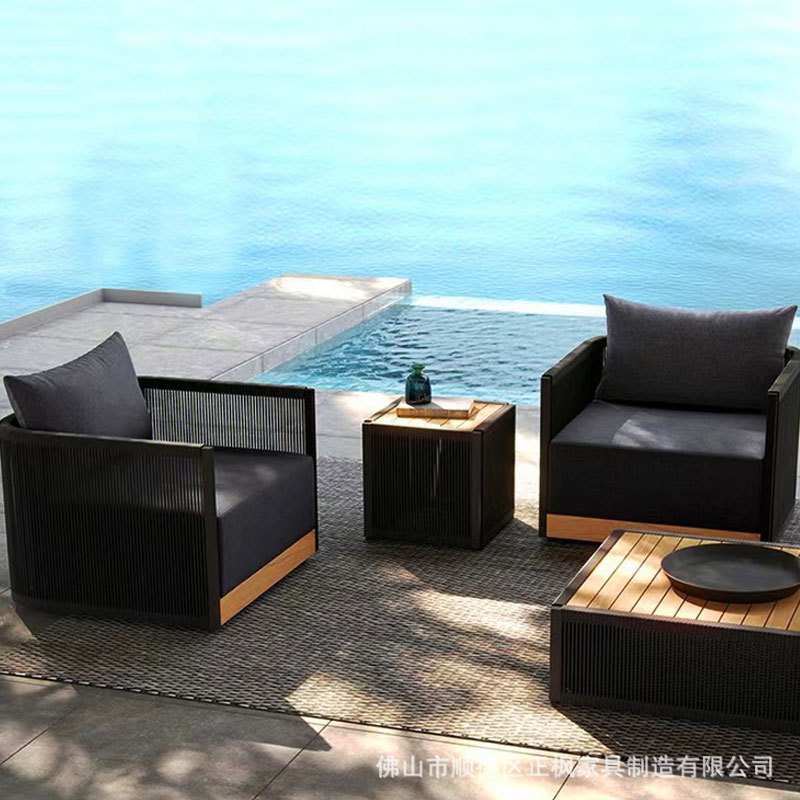 户外休闲沙发 铝合金绳编柚木茶几组合沙发 酒店花园庭院岩板桌椅