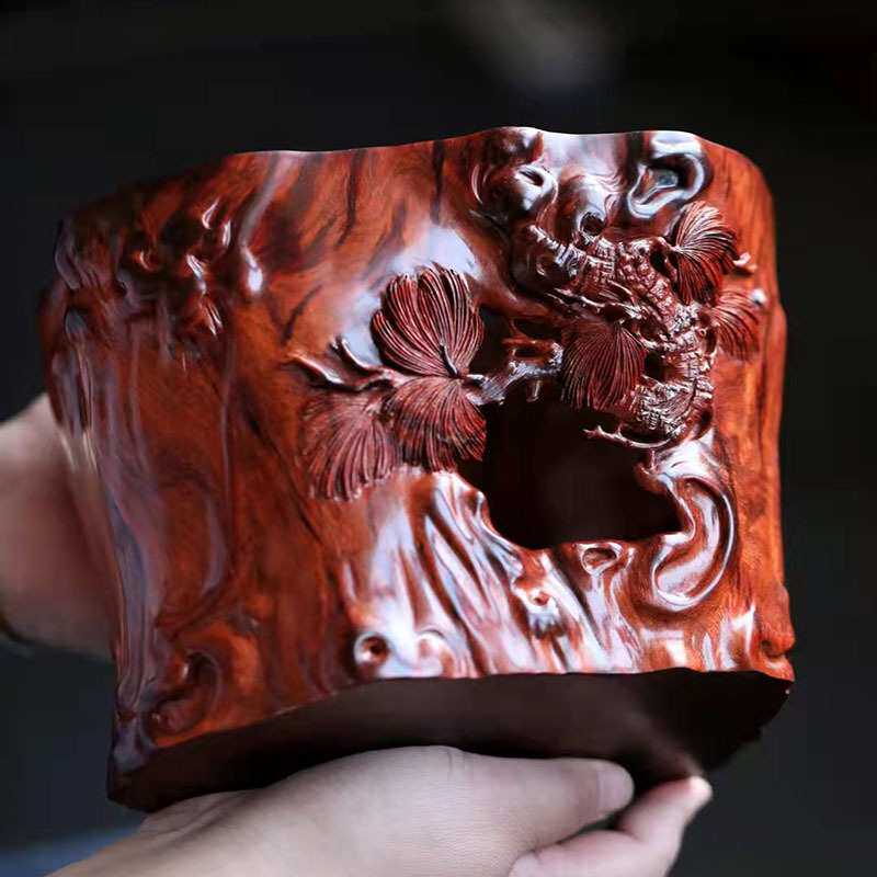 松树笔筒摆件 印度小叶紫檀木创意随形木雕工艺品摆件手工雕刻