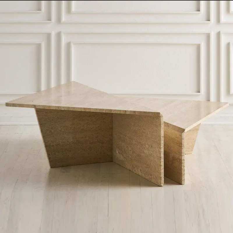 意大利简约风格创意三角形组合茶几 客厅天然大理石洞石咖啡桌子