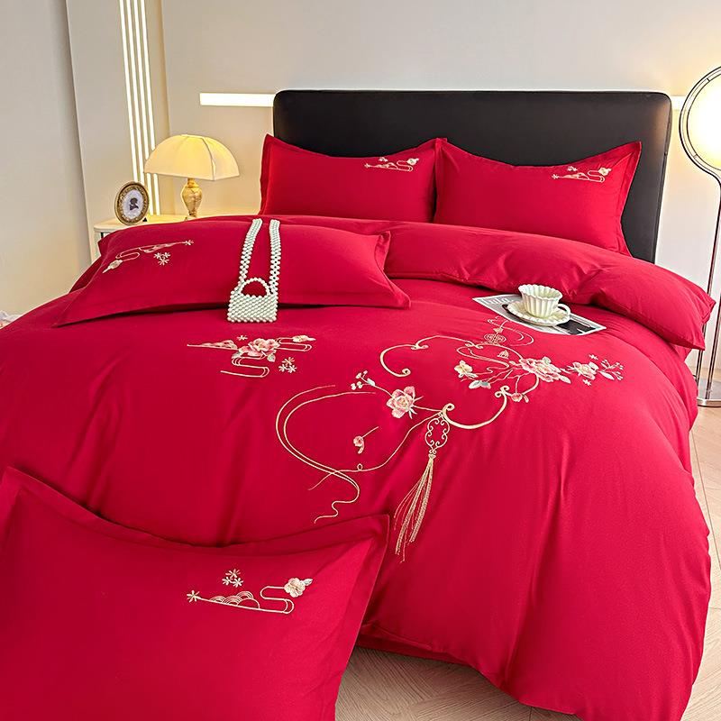 a类水洗棉磨毛刺绣婚庆四件套国潮风高克重超柔针织棉被套床单