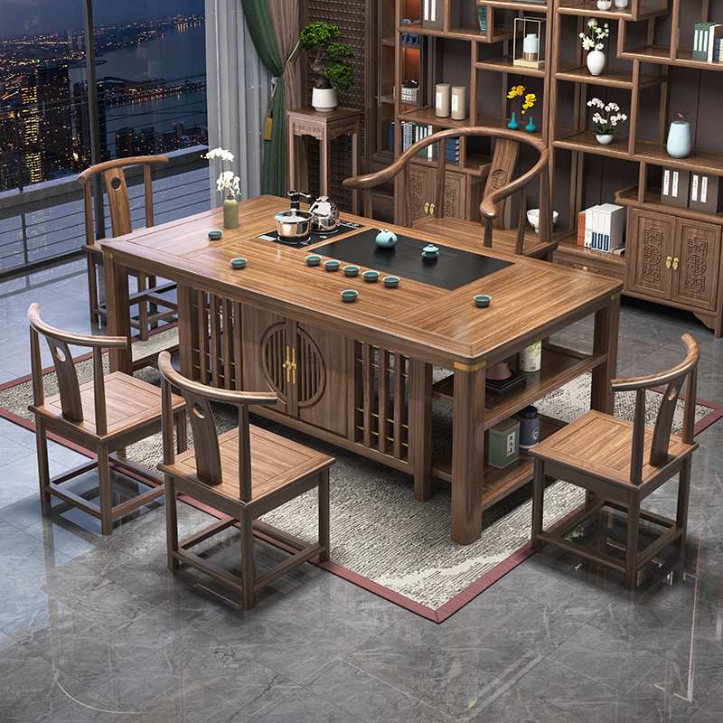 my新中式实木茶桌椅组合一桌五椅办公室茶几套装一体家用功夫泡茶