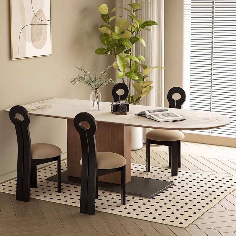 奶油风岩板餐桌现代简约轻奢小户型家用创意实木饭桌岛台餐桌一体