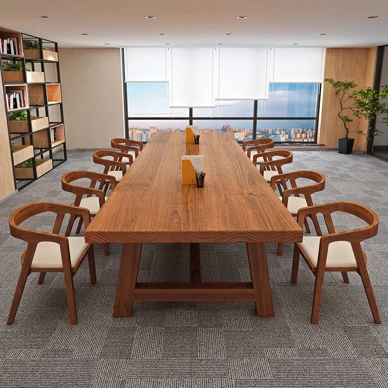 美式loft全实木长条会议桌办公桌现代简约长方形原木餐桌洽谈桌椅