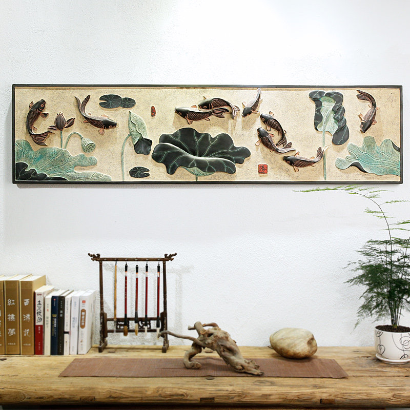 树脂挂件酒店大厅墙壁装饰壁画沙发背景墙边框装饰品九鱼图