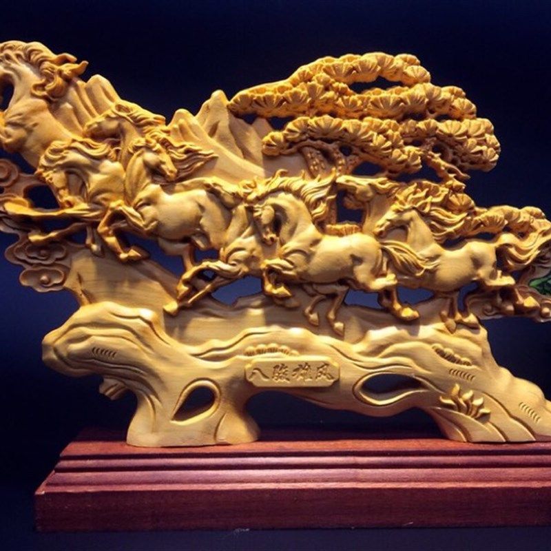 崖柏八马木雕精雕工艺礼品摆饰面雕 八马雄风八骏图办公送礼佳选