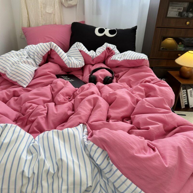 时髦少女心纯色玫粉拼条纹毛巾绣眼睛水洗棉床上件件