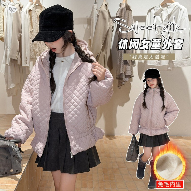 女童冬款2026韩版新款荷叶边绗线连帽棉衣中大童加厚外穿夹克外套
