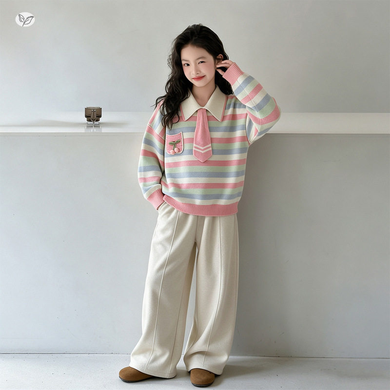 女童秋冬韩版时尚领带毛衣中大童休闲好看学院风套头毛衣长袖潮范
