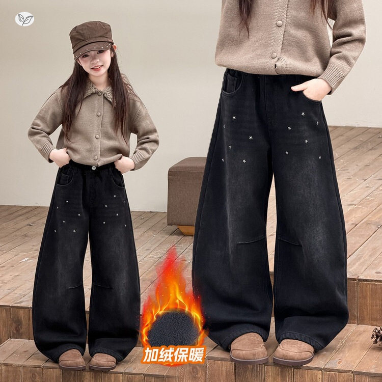 女童2026韩版潮流加绒星星烫钻弯刀裤中大童加厚牛仔阔腿裤拖地裤