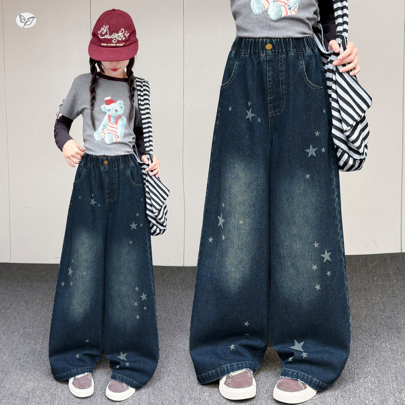 女童秋季新款五角星牛仔阔腿裤中大童休闲直筒裤学生春秋显瘦长裤