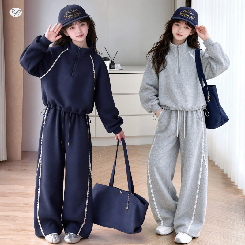 女童深秋新款休闲半拉链套头卫衣套装中大童运动服上衣阔腿裤卫裤